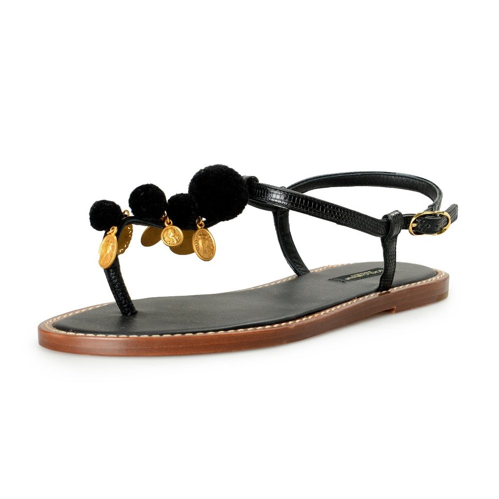 Dolce & Gabbana Women's Black Snake Skin Print 100% Leather Flat Sandals Shoes